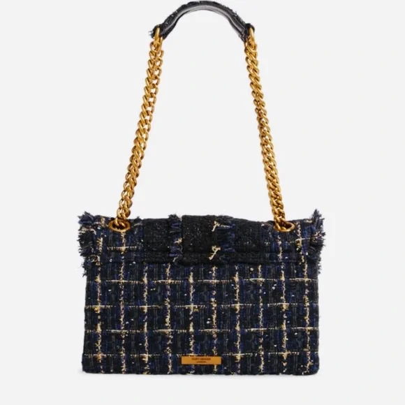 KURT GEIGER NAVY & BLACK EMBELLISHED with Gold Accent Tweed Handbag - Gold Chain - Picture 4 of 16